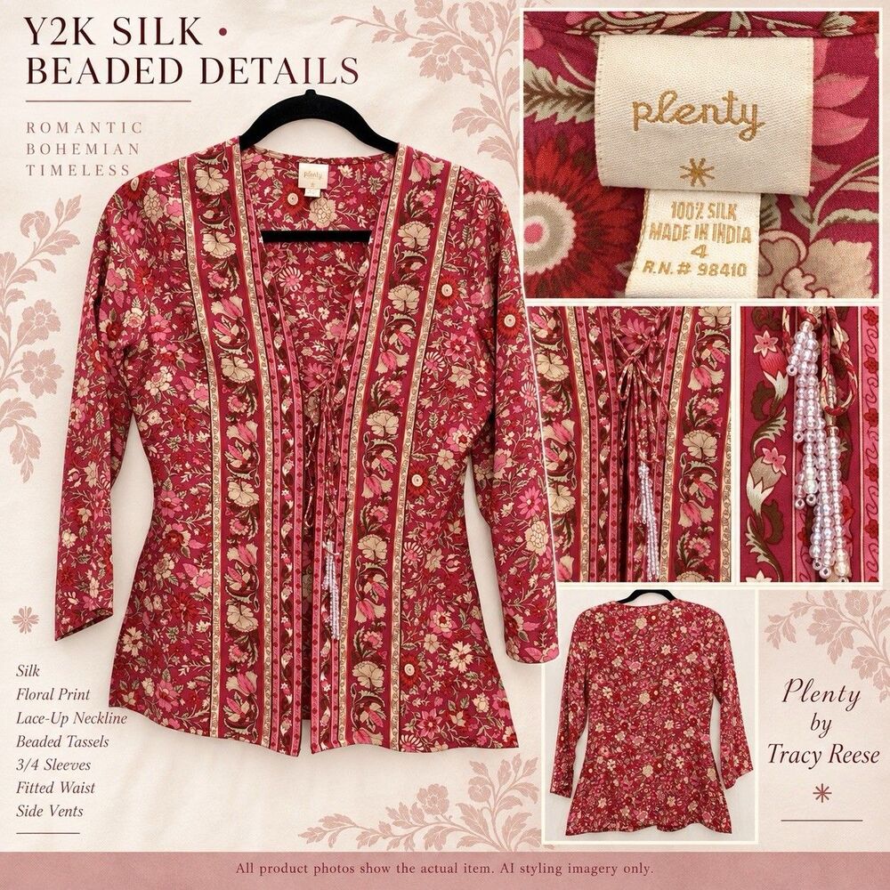 VTG Y2K Plenty by Tracy Reese Silk Floral Lace Up Blouse Beaded Size 4 Boho Fall